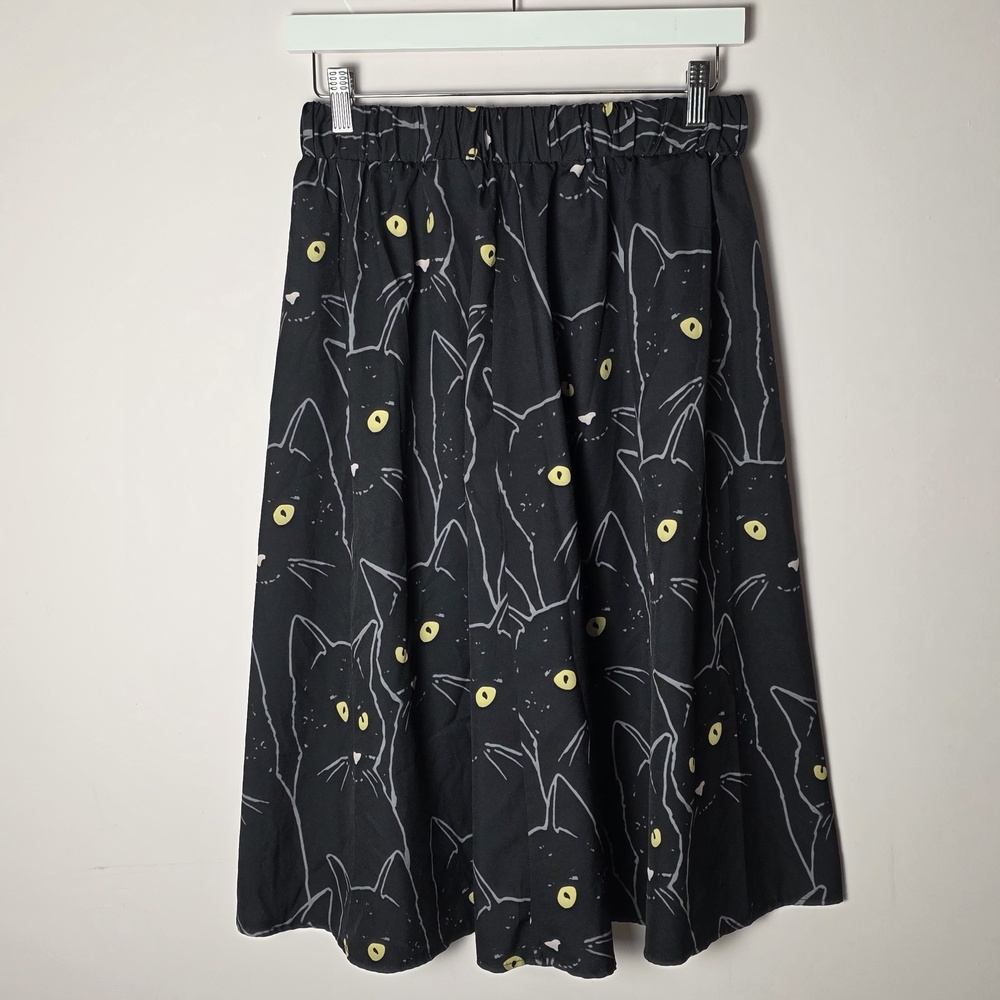 SHEIN Curve Black Cat Print Midi Skirt 0XL Elastic Waist Goth Witchy Halloween